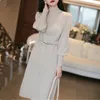 Casual jurken dames gebreide jurk vrouwelijke Koreaanse elegante (riem inbegrepen) lange mouw half helft nek herfst winter vrouw kleding 478