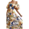 Casual Dresses Pastoral Gentle 2024 Women's Bohemian Floral-Print Off-Shoulder Vacuum Style Sexig lös klänning lång