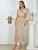 Casual Dresses Fashion Elegant Khaki Long Puff Sleeve Women Maxi Sexiga knappar En axel Satin Runway Födelsedagar Festklänning