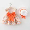 Robes de fille 2 pièces bowknot enfants ensemble d'été coréen mignon fleurs nouveau-né bébé fille robe sans manches coton plage princesse robes + sunhat