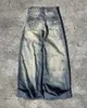 American Style Straight Pants High midja Raw Edge Trendy Brand Overized Jeans Men Y2K Retro Washed Wide Leg 240420