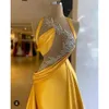 Evening Mermaid Elegant Dresses Yellow Beaded Pleats Lace Appliques Top Illusion Prom Gowns Satin Ruched Formal Party Dress Vestido De Novia