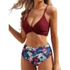 Kvinnors badkläder 2024 Ny delad bikini hög midja Twisted Bag Sling med fast färgkontrast Bikini baddräkt för kvinnor