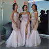 Jurken Halter Bridesmaid 2019 Modeste Afrikaanse lange kanten Applique Tule Side Split Mermaid Braps Plus size prom party jurken