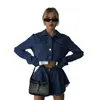 American retro short long sleeved button up top womens ultra inner lining buttocks wrapped skirt set twopiece 240426