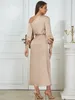 Casual Dresses Fashion Elegant Khaki Long Puff Sleeve Women Maxi Sexiga knappar En axel Satin Runway Födelsedagar Festklänning