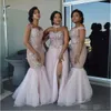 Jurken Halter Bridesmaid 2019 Modeste Afrikaanse lange kanten Applique Tule Side Split Mermaid Braps Plus size prom party jurken