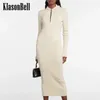 Casual jurken 11.20 Klasonbell Letter Afdruktemperament Comfortabele wol Gebreide stretch Slanke halve ritssluiting Maxi -jurk vrouwen