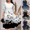 Casual Dresses Midi Dress For Women Elegant Print With 3/4 Sleeves A-line Silhouette Streetwear Or Summer Events