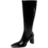 Botas de moda para mujeres Tacones de cuero de rodilla High Patent Shose Spring/Autumn Square Toe Solid Sexy