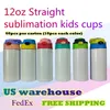 US Warehouse 12oz Kids Sublimation Copo com canudinho em branco Tumblers retos com tampas mistas garrafa de aço sem manchas de aço 60pcs Carton B6 225H