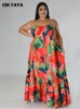 CMYAYA Kobiety Plus Size Autumn Spaghetti Ruffles Hem Loose Maxi Long Floral Leaf Druszcz