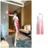 Casual Dresses Single Layered Lace Shoulder Straps Dress With Pink Satin Stitching F0540 Sleeveless T-shirt