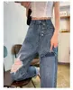 Jeans pour femmes denims 2024 trou lavé pantalon à jambe large femme lâche petit ami coton bleu maman pantalon décontracté denim A433