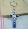 MIC 60Pcs Blue Color enamel Alloy Jesus Christ Cross charm Chain key Ring DIY Jewelry6804636