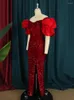 Robes de fête Femmes Off épaule Luxury Sequin Red Red Fluffy Sleeve High Slit Velvet Big Taille Sparkly Maxi Formel Evening Prom Robe