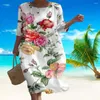 Vestidos casuais Vintage Summer Mulheres vestido estampa de flor redonda pescoço solto de meia-linha A-linear linho de algodão Bohemian praia midi