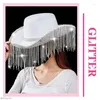 Berets Women Western Tassels Cowboy Hat for Halloween Dress Up Cosplays Party Cap Stylish Rhinestones Fringe Fringe Rave Cowgirl