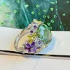 Rings de cluster Luxury Silver Color Mint Green Treasure Ring Multicolor Zircon Bandas de casamento para mulheres Presente de aniversário de engajamento