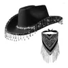 Berets Fringed Cowboy Hat & Scarf Costume Set Western Cowgirl Musical Festival Dress Up Bachelorette Party