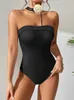 Kvinnors badkläder Peachtan Black One Piece Swimsuit Woman 2023 Luxury Bandeau Swimwear Korea Style Brud Swimsuit Beachwear Monokini Bodysuit Y240429