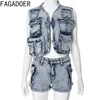 Women's Tracksuits AFGADOER Fashion Streetwear Women Denim Zipper Multi Pocket Vest Jacket And Shorts Two Piece Sets Female Elasticity 2pcs