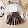 Clothing Sets IYEAL Fashion Girl Clothes Elegant Outfits Princess Kids Turtleneck Tops T-shirt PU Skirts Suits Children's