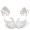 Meisjes Hoge hakken Kinderen Pearl Jeugd Crystal Party Prinsesschoenen Childrens Bruiloft Formele leer Sandalen Girls Schoenen Party 240424