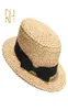 Sommer Frauen Natural S Wheat Stroh Bootfahrer Fedora Top Flat Hut Frauen Strand flacher Krempe mit roter Marine Streifenband RH 2205133825191