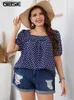 Women's T-Shirt GIBSIE Plus Size Polka Dot Square Neckline Puff Top Womens Bohemian 2024 Summer Korean Fashion Loose Top 3XL 4XLWX