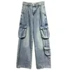 Damenjeans Multi-Pocket Blue Wäsche gewaschene Cargohosen High Street Retro Hip-Hop Widdle-Bein lässig gelegentlich mit hohem Taillierter