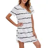 Casual Kleider Frauen Modetrendy kurzärmelig gestreiftes lose T-Shirt Round Hals Kleid quadratisch-hals