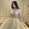 2024 vestidos de bola vestidos de noiva contas de cristal ilusão de jóia de jóia de renda de mangas compridas dubai tule tule arabé vestidos de noiva Vestido de noiva espartilho de volta 0513