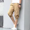 Men's Pants Summer Sports Trend Versatile Casual Shorts Solid Elastic Waist Drawstring Pockets Cotton Calf Length Cropped