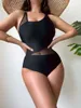 Swimwear Women 2024 Black One Piece Swimsuit Sexy Mesh Splicing Femmes Push Up Bathing Costume Solide Patchwork Femme Beachwear Monokini