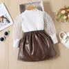 Clothing Sets IYEAL Fashion Girl Clothes Elegant Outfits Princess Kids Turtleneck Tops T-shirt PU Skirts Suits Children's