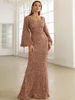 Robes décontractées 2024 Fashion V Neck Wrap Sequins Sequins Robe Gold Mid Taile Flare Maneves Long Night for Women Elegant Party