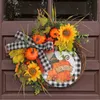 Fleurs décoratives Couronne d'automne artificielle citrouille et tournesol pour la fenêtre murale de la porte d'entrée Thanksgiving avec lumières