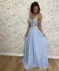 Sukienki imprezowe Prom vestido fiesta niebieska koronkowa aplikacja bez pleców V szyff szyfry linii iluzji wieczorne sukienki