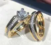 Huitan 2st brud set ring lyxig guldfärg geometrisk form bröllop smycken kvinnor mikro pave cz lady förslag förlovningsringar x6192069