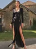 Casual Dresses Women Summer Luxury Sexy Sequined Long Sleeve Cotton Black Maxi Gowns Dress Elegant Celebrity Evening Party Club