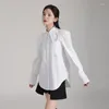 Kadın Bluzları Superaen Sonbahar 2024 Gevşek Yaka Beyaz Gömlek Düzensiz Çift Kollu Günlük Gömlekler