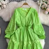 Casual Dresses Autumn Maxi Dress For Women Lace Patchwork Cascading Big Swing Female Robe V-Neck Vintage Long Sleeve Green/White Vacation