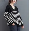 Kadın T-shirt Plus Boyut Gevşek Çizgili Moda Kadın İlkbahar/Yaz Yeni Batı Stil Uzun Kollu Örme Kazak T-Shirt Topwx