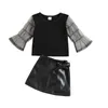 Vêtements Ensembles pour enfants Girls Été Vêtements Baby Mesh Flare Tops à manches longues Pu Leather Bandage mini jupes