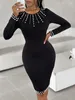 Robes décontractées pour femmes perles cloutées à manches longues travail bodycon robe y2k vestidos de mujer élégant noir mini robe femelle