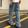 Men's Jeans Men Straight Jeans Trousers Fashion Vintage Frayed Patchwork Color Block Denim Pants Men Casual Trousers Ripped Bottoms WX