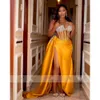 Neck O Prom Sheer Yellow Dresses Beaded Crystal Birthday Party Gown Gleats Mermaid High Slit Formal Dress with Full Mesh Slee