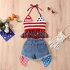 Clothing Sets Toddler Girls Fourth Of July Outfit Kids American Flag Halter Vest Top Ruffle Jeans Denim Shorts Set