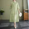 Ethnic Clothing 2024 Chinese Vintage Cheongsam Dress Traditional Flower Print Cotton Linen Qipao Oriental Folk A-line